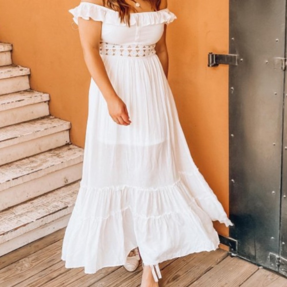 JustFab Off-Shoulder Crochet Maxi Dress Coral Small - Picture 5 of 9